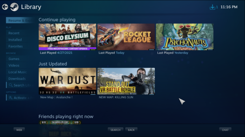 Steam Link Big Picture Mode with Disco Elysium, Rocket League, Pschonauts, War Dust and Standout shortcuts 