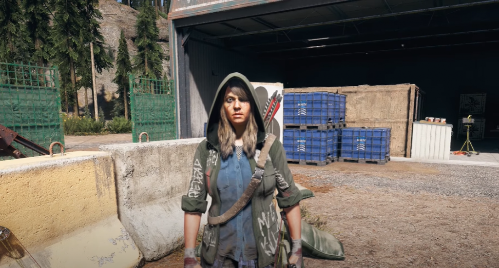 Far Cry 5 Jess Black wearing her hoodie with bow and arrow on the back