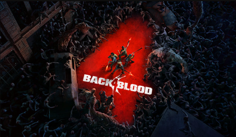 Back 4 Blood game Logo with bloody 4 surrounded by zombies