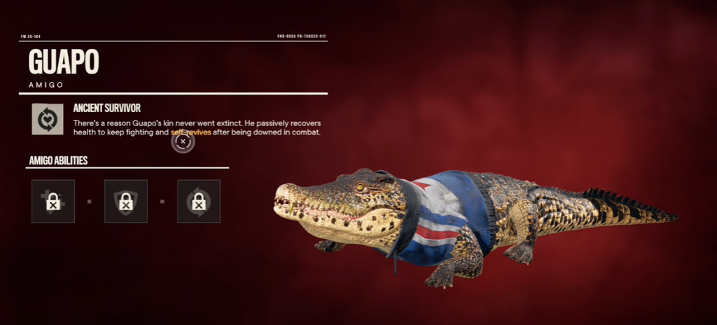 Far Cry 6 Guapo the pet crocodile character screen