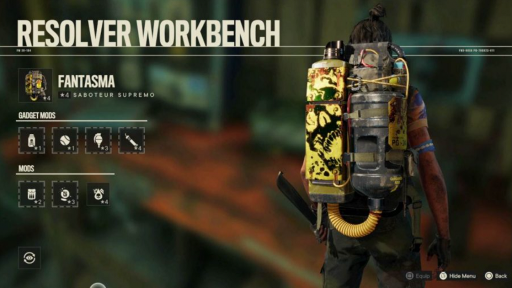 Far Cry 6 Resolver Workbench showing a supremo backpack with poison