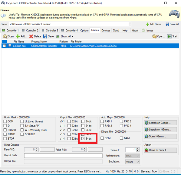 X360CE Games tab XInput Files Settings with v1.4 64-bit checked