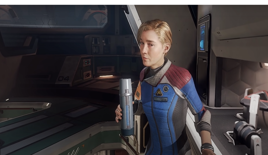 Lone Echo 2 Olivia Rhodes holding her coffee thermos