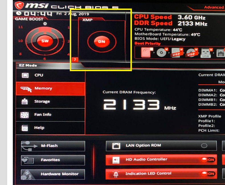 MSI Bios Memory XMP Profile Setting