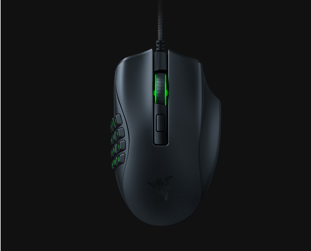 Razer Naga X mouse top down view with green RGB lights on the many buttons