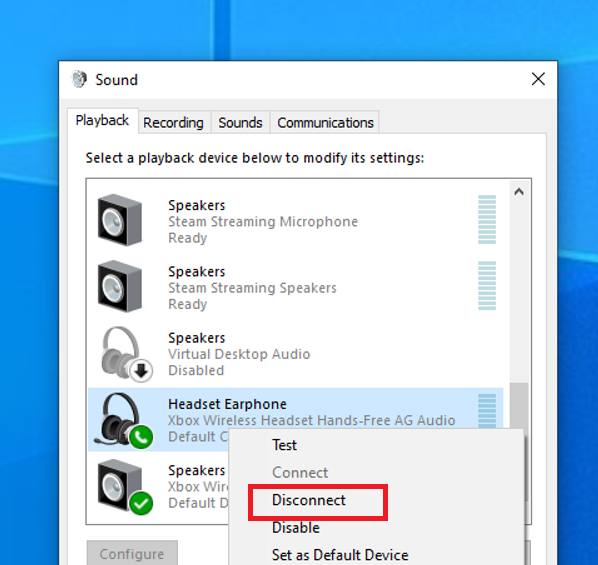 Microsoft Windows Sound Setting Disconnect option for Xbox hands-free ag audio