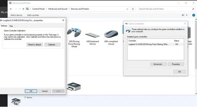 Logitech racing wheel game controller and calibration in Windows 10