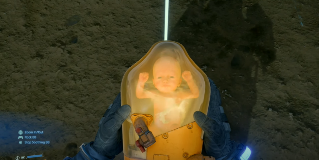 Death Stranding Lou aka BB staring out of his bridge baby capsule