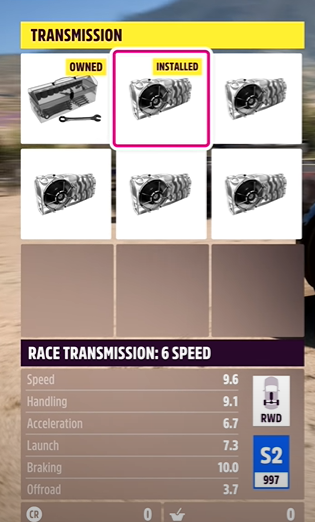 Forza Horizon 5 Transmission customization choosing a racing 6 speed