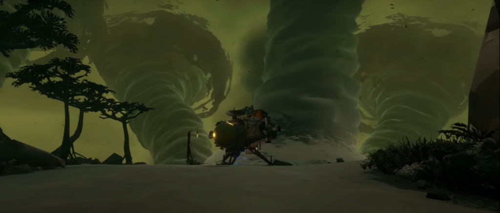 Outer Wilds Giant's Deep 3 water spouts with a spaceship in the path