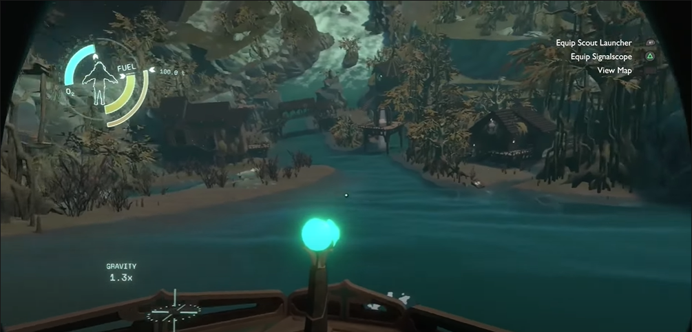 Outer Wilds Echoes of the Eye DLC the Stranger planet surface riding a raft on rapids
