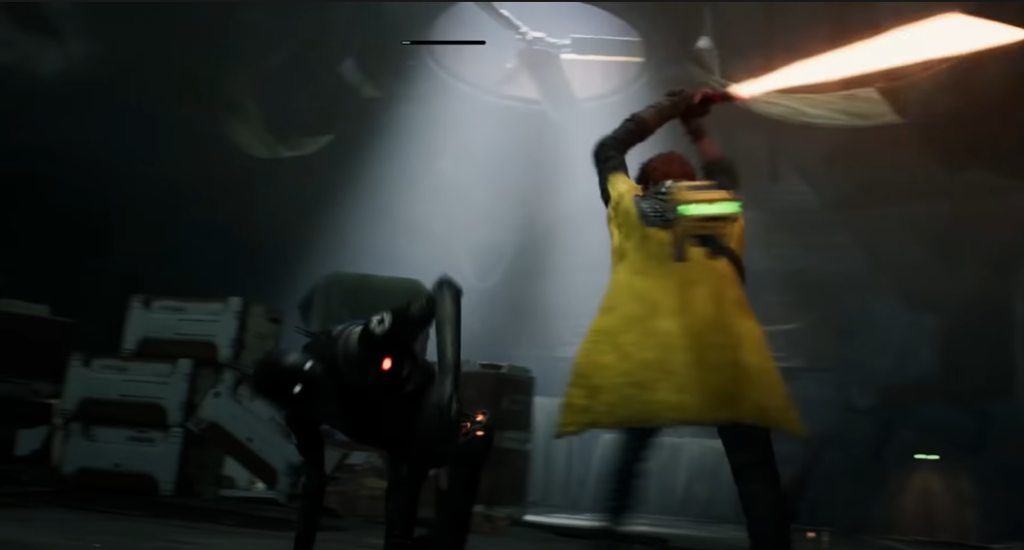 Star Wars Jedi Fallen Order Cal Kestis swinging an orange lightsaber with BD-1 on his back