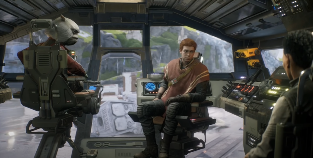 Star Wars Jedi Fallen Order Mantis crew in the cockpit with Greeze, Cal Kestis, BD-1 and Cere