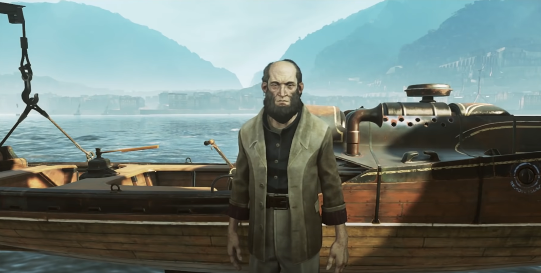 Dishonored 2 Sokolov standing in from of the Dreadful Whale Skiff