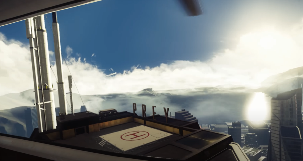 Prey Game Intro Logo seen from helicopter on top of a skyscraper
