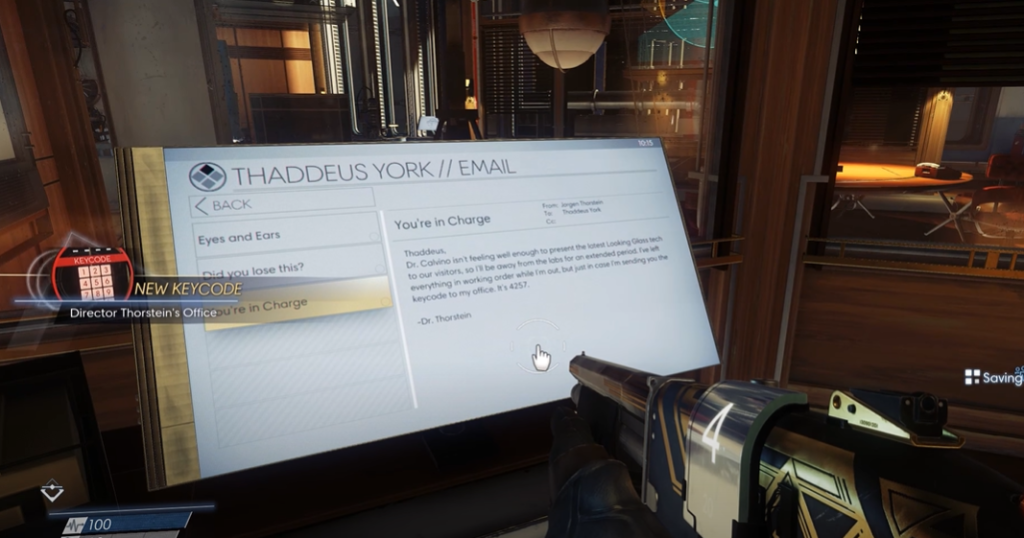 Prey game shotgun pointed at computer monitor showing Thaddeus York emails