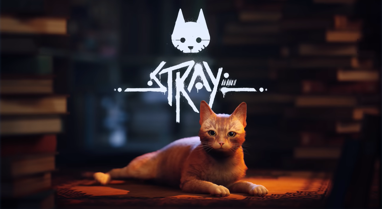 Stray cat game logo with cat head and tan cat laying down
