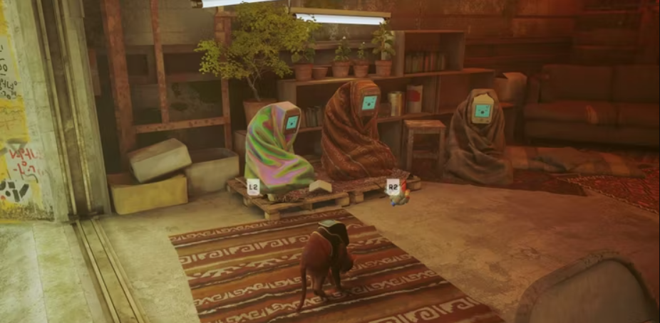 Stray game with cat scratching a rug in front of 3 robots with blankets on