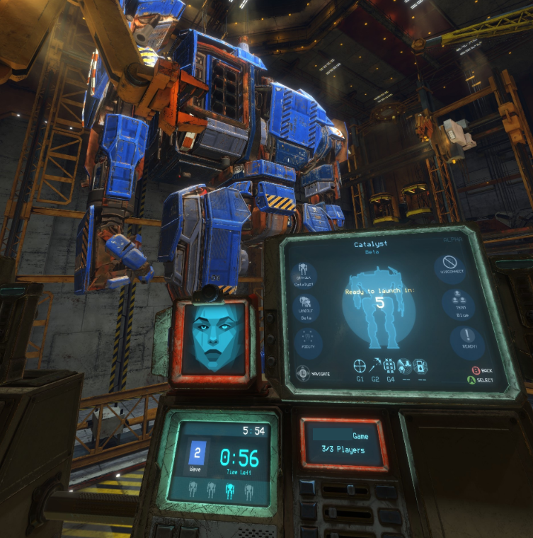 Vox Machinae VR menu with computer in the foreground and Grinder in the background