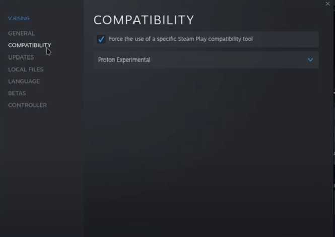 Steam shortcut properties compatibility option to force the Steam Play compatibility tool