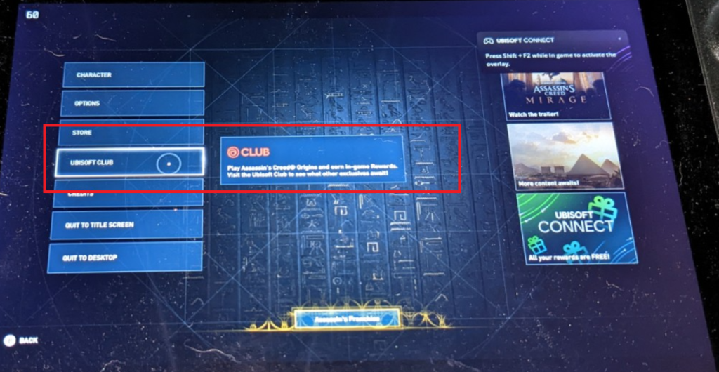 AC Origin's Menu to open Ubisoft Club option
