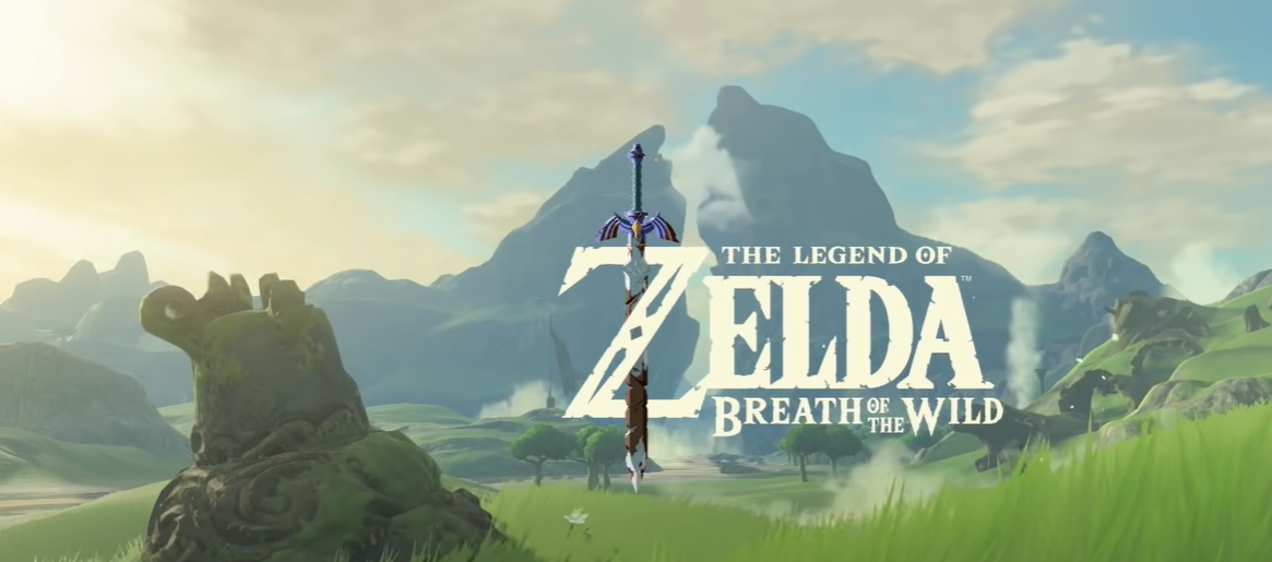 Zelda Breath of the Wild Logo with broken guardian and twin peaks in background