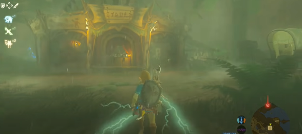 Zelda Botw Link about to get zapped by lightning outside of the stables