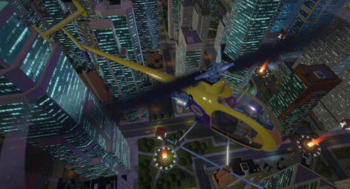 Ultrawings 2 Dragonfly helicopter above the city skyscrapers