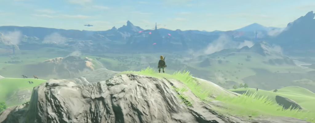 Zelda Breath of the Wild Link staring at Hyrule castle in the background