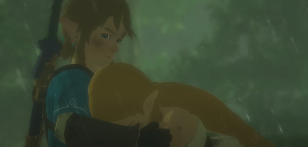 Zelda BOTW Link Holding princess Zelda while she cries in the rain