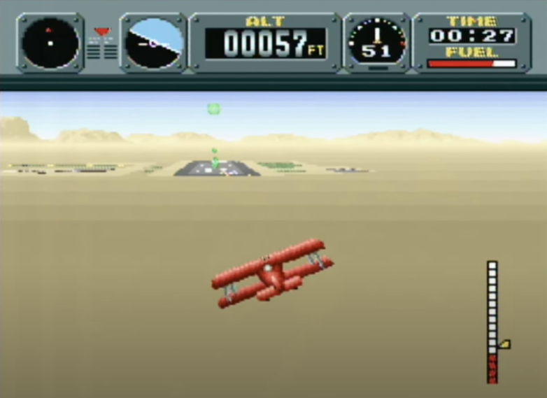 Pilotwings red biplane attempting to land on the runway with gauges at the top of the screen