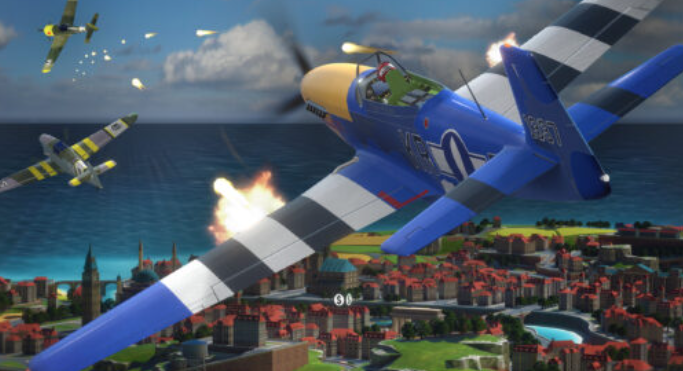 Ultrawings 2 Stallion airplane firing guns at enemy planes above the island