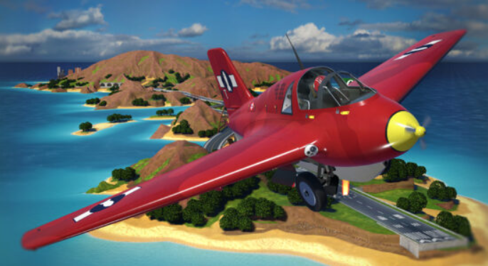 Ultrawings 2 Red Comet airplane flying over the island runway