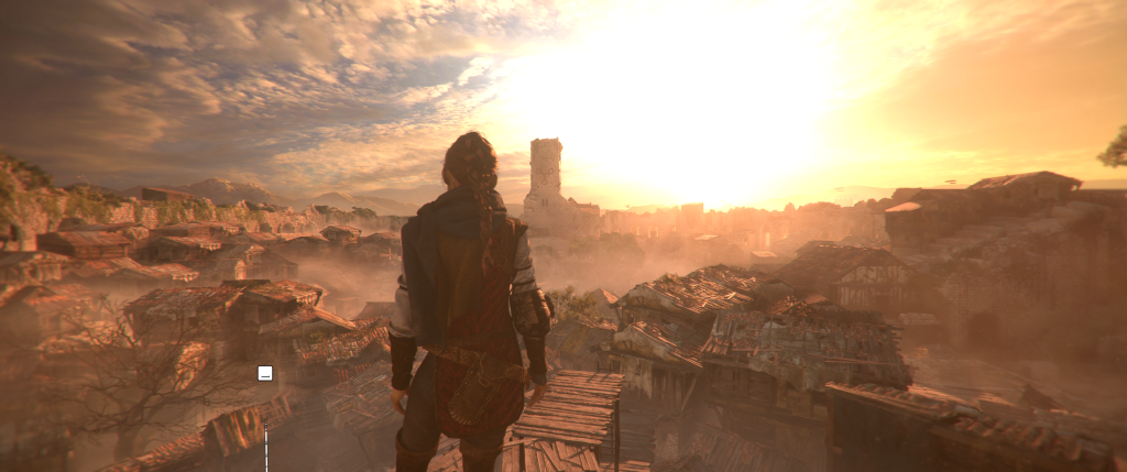 A Plague Tale Requiem Amicia looking over the city while the sun sets