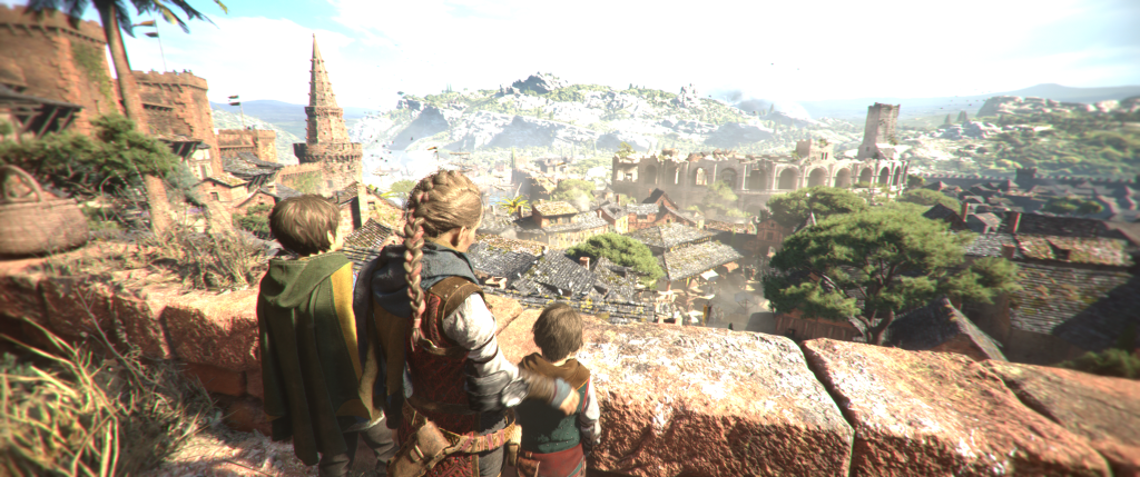 A Plague Tale Requiem Amicia, Lucas and Hugo looking over the arena