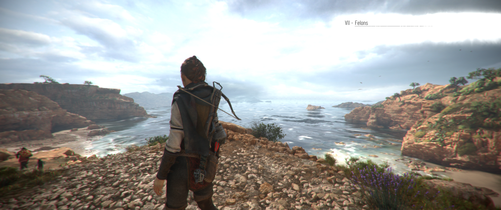 A Plague Tale Requiem Amicia looking over the coastline with crossbow on her back