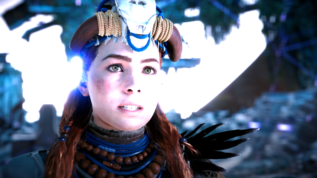 Horizon Zero Dawn Aloy talking with hunting headdress