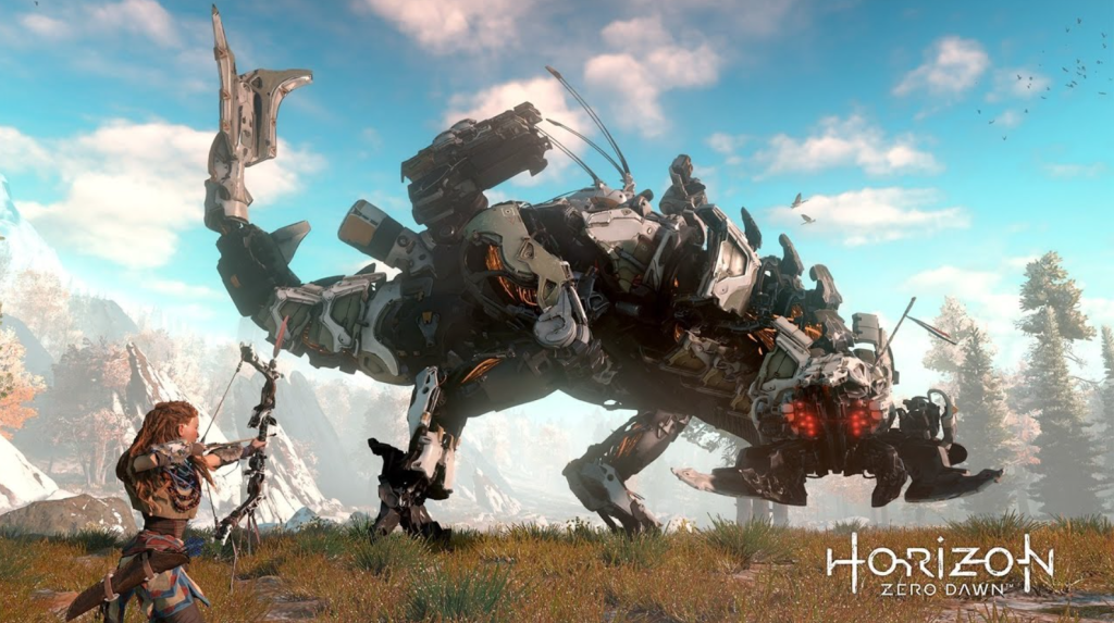 Horizon Zero Dawn Aloy aiming her bow at a Thunderjaw robot