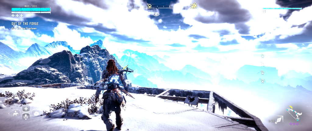 Horizon Zero Dawn Frozen Wilds vista with Aloy looking on