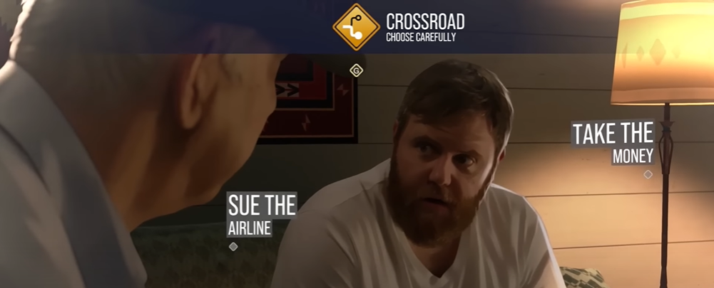 As Dusk Falls Crossroad choice between Vince and Jim. Sue the Airline or Take the Money