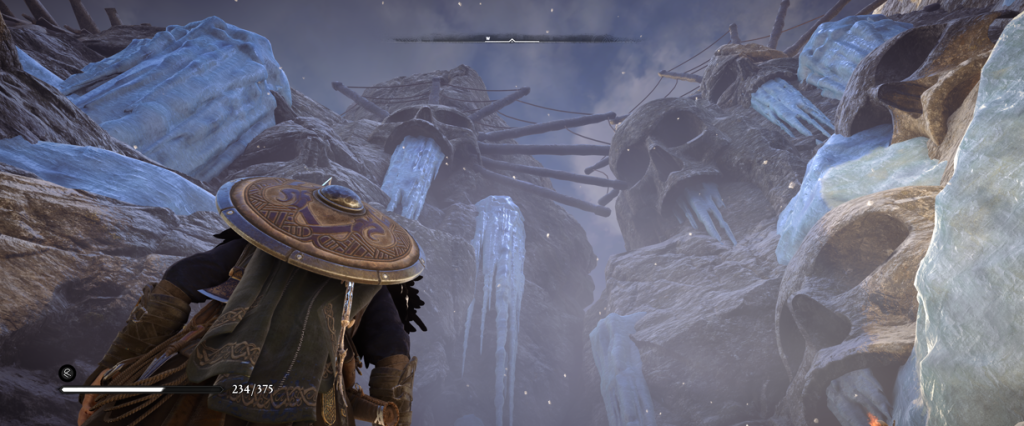 Assassin's Creed Valhalla the Forgotten Saga DLC cliff faces of skulls with giant ice sickles