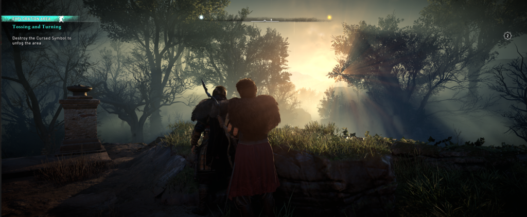 AC Valhalla Eivor and Cassandra watching a sunset