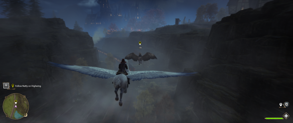 Hogwarts Legacy flying a white Hyppogriff through a valley with Poppy