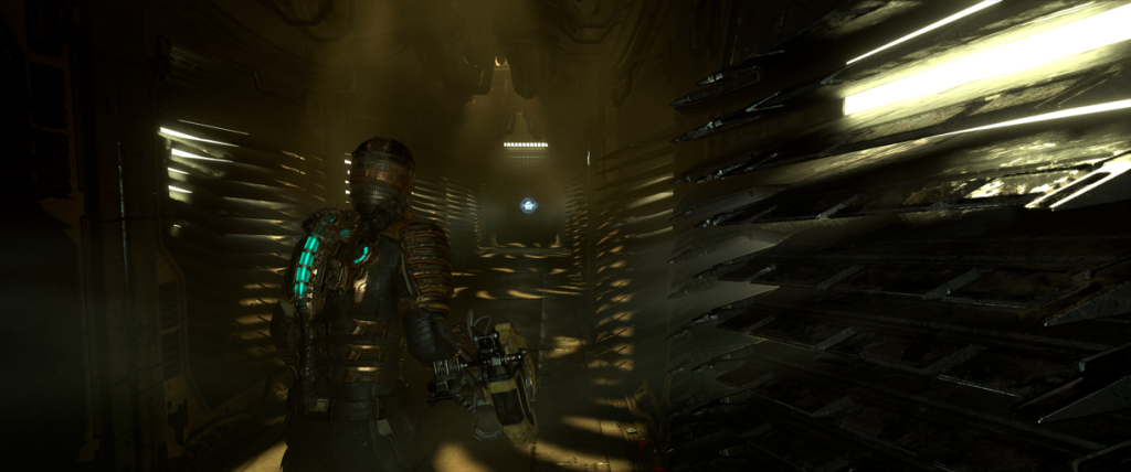 Dead Space Isaac Clarke walking down a dark hallway with Ripper in hand