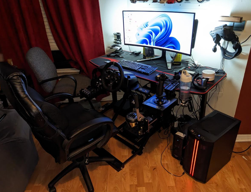 Gaming desk with chair, HOTAS, Wheel, shifter, handbrake, VR and more
