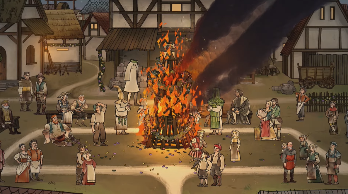 Pentiment town square bonfire with crowd of townspeople