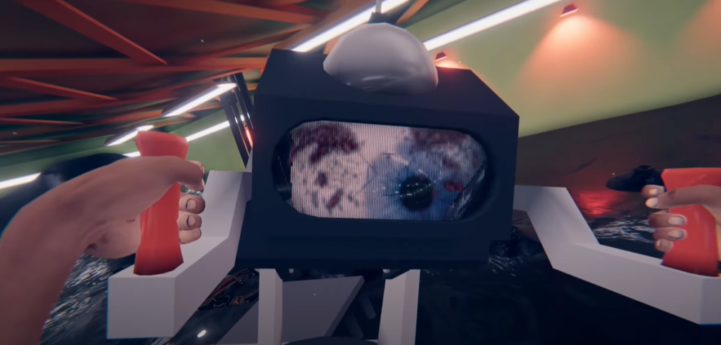 Vertigo Remastered VR game double handed canon aimed at a giant eye ball