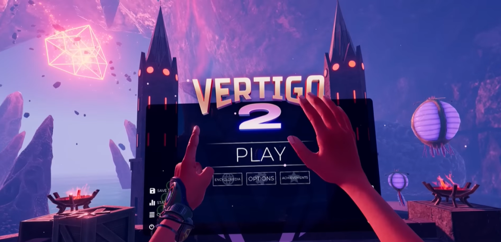Vertigo 2 Title screen with hands in the air and castle in the background