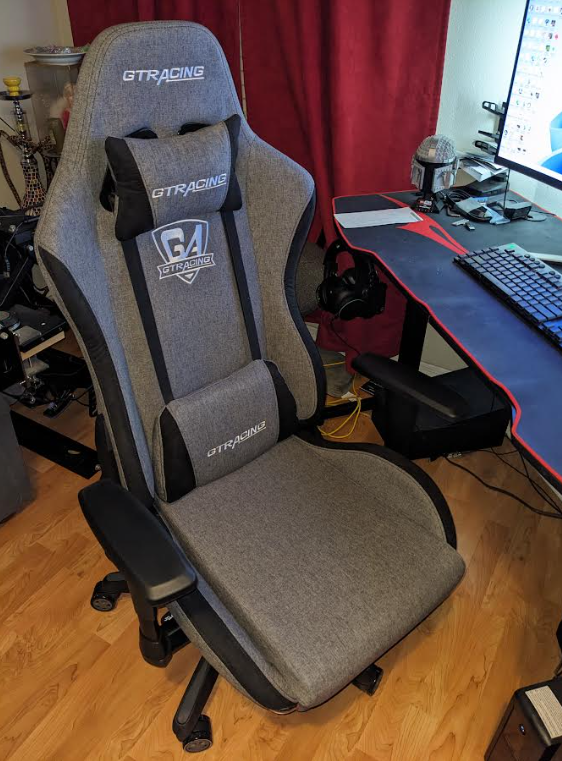 GTRacing racing style gaming chair in grey fabric with footrest