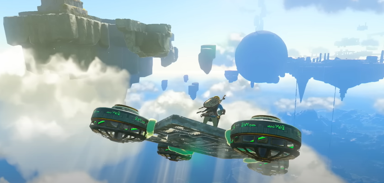 Zelda Tears of the Kingdom Link flying a Zonai Machine to Sky Islands